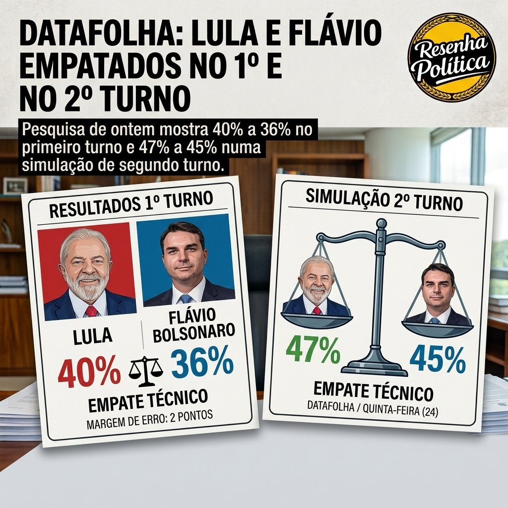 Datafolha: Lula e Flávio empatados no 1º e no 2º turno